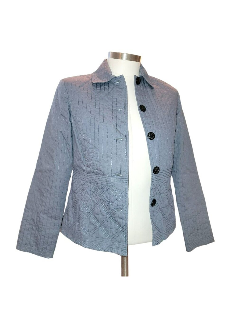 Cotton Slate Blue Quilted Jacket Spring Coat Womans Size XS Sigrid Olsen  JJ3487